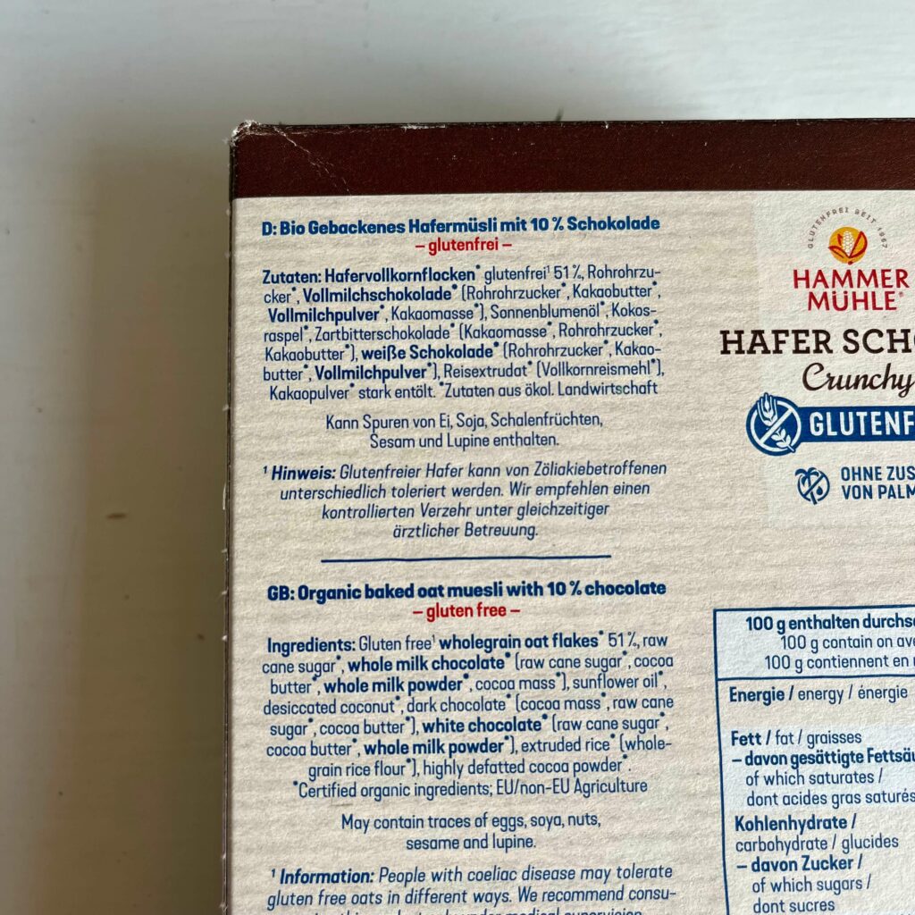 Die Zutatenliste von Hammermühle glutenfreiem Müsli